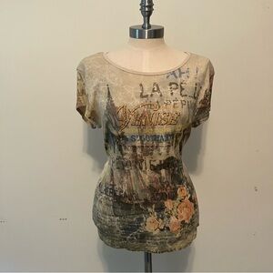 VTG Women’s L Tan Venice Floral Tattoo Shortsleeve Tee 90s Y2K Grunge Studs